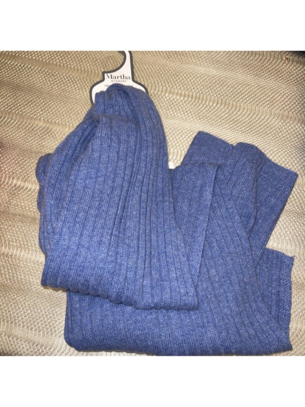 NWT Martha Stewart 100% 2-ply cashmere blue Ribbed wrap scarf Soft Long